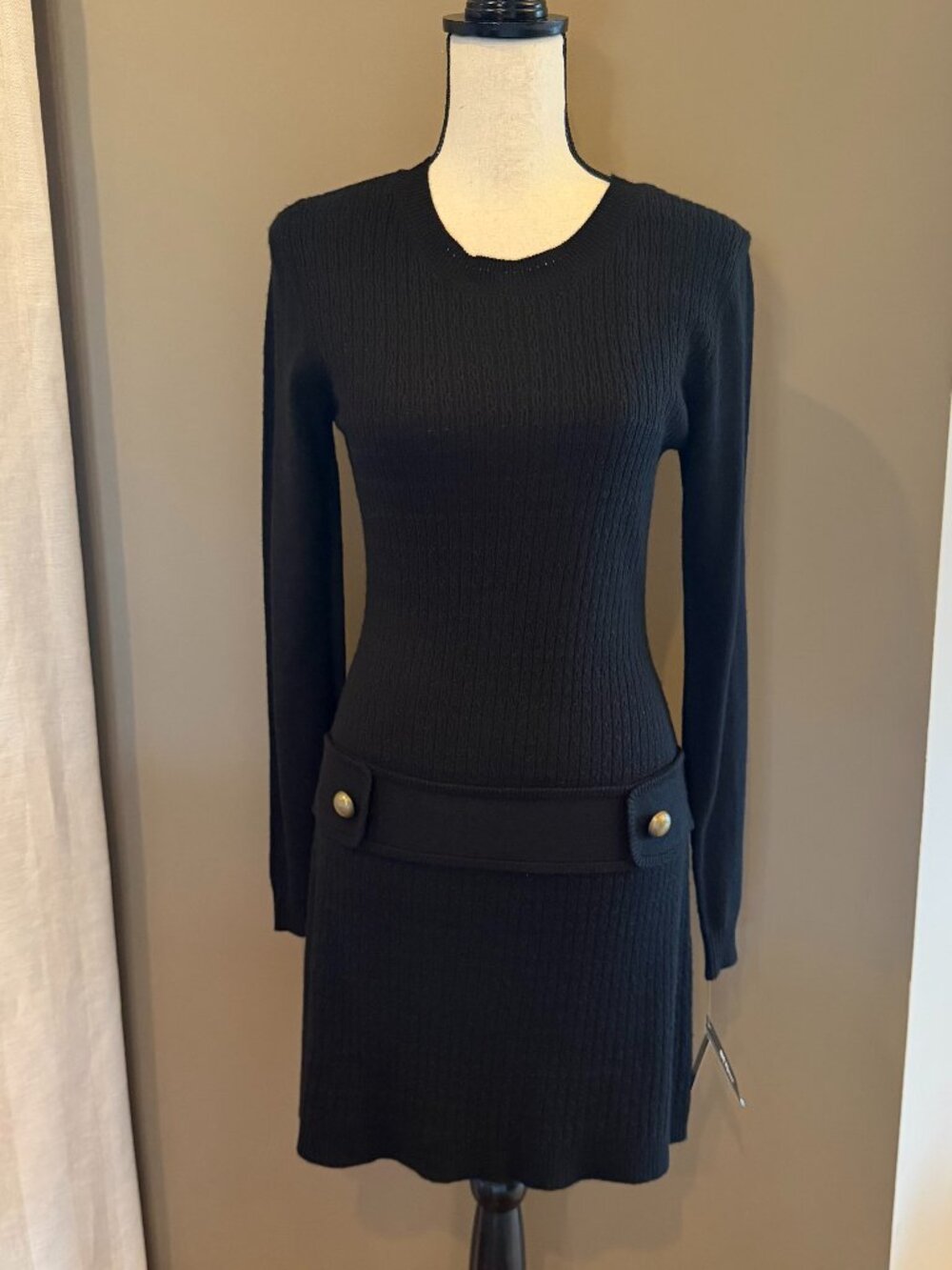 NWT BCX Black Ribbed Mini Sweater Dress Drop Waist Office Neutral, Size Medium